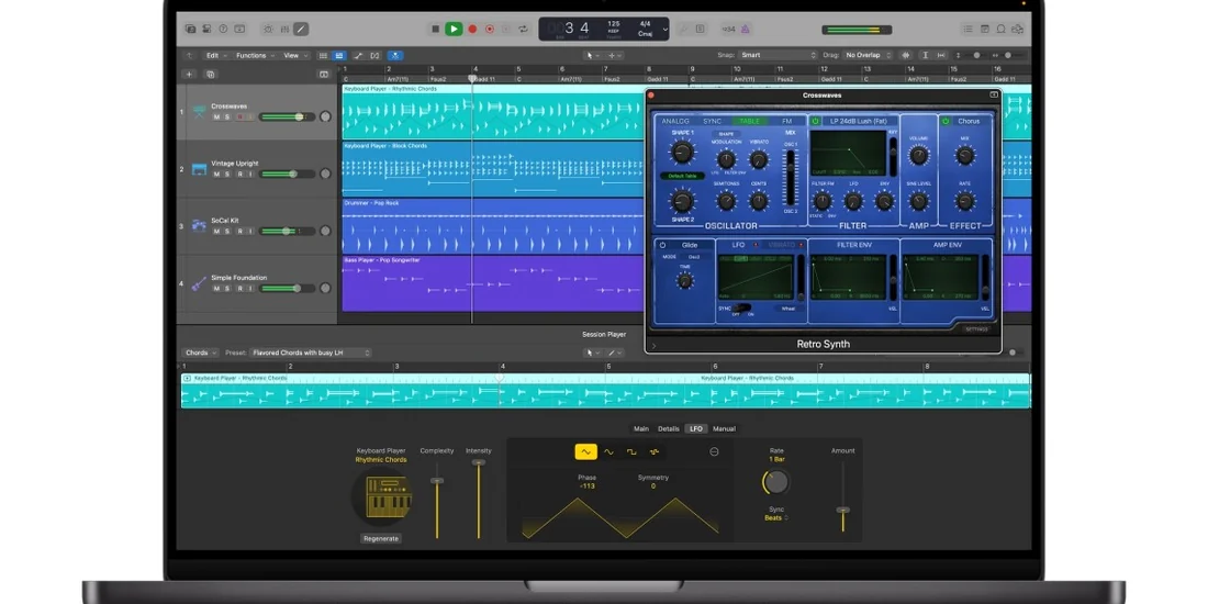 Visual for this record: Logic Pro added AI session players that follow a chord track