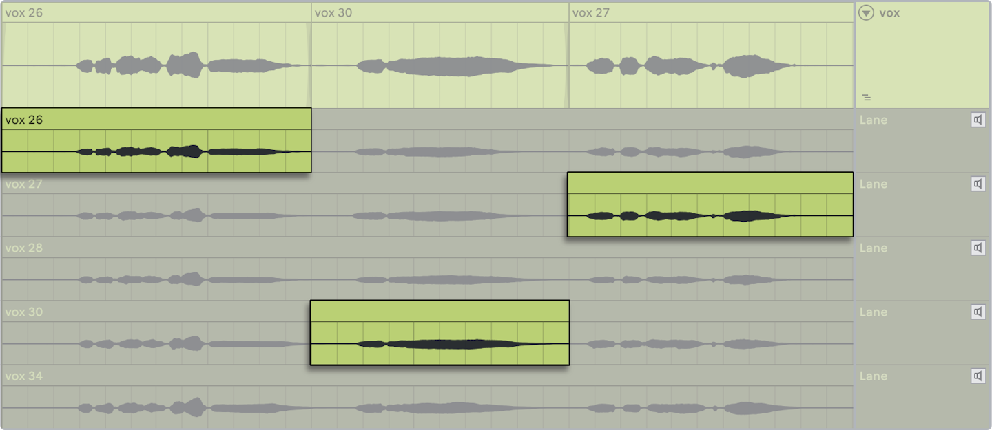 Vocal take lanes with selected phrases highlighted in green