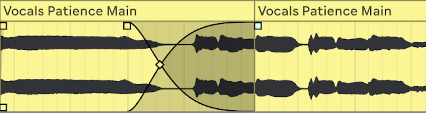 Two adjacent audio clips with overlapping fade curves
