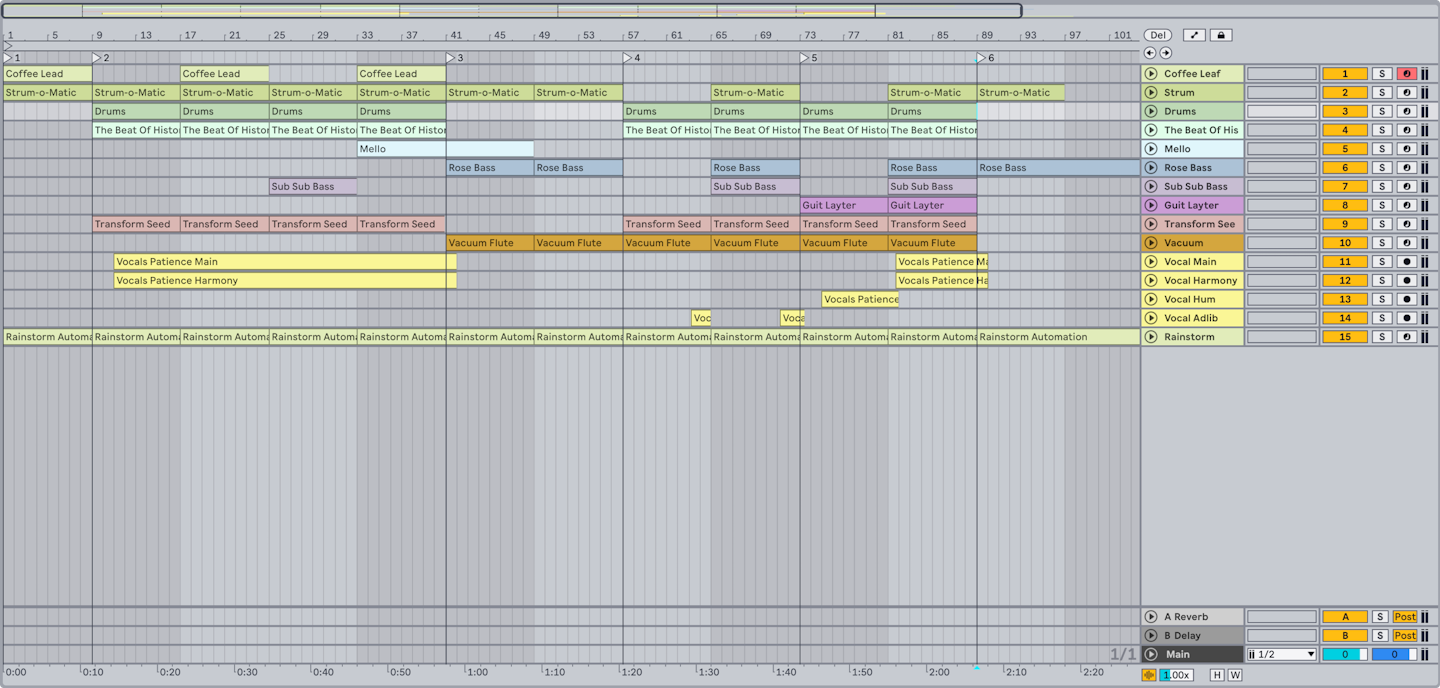 Ableton Live arrangement with named instrument tracks on a shared timeline