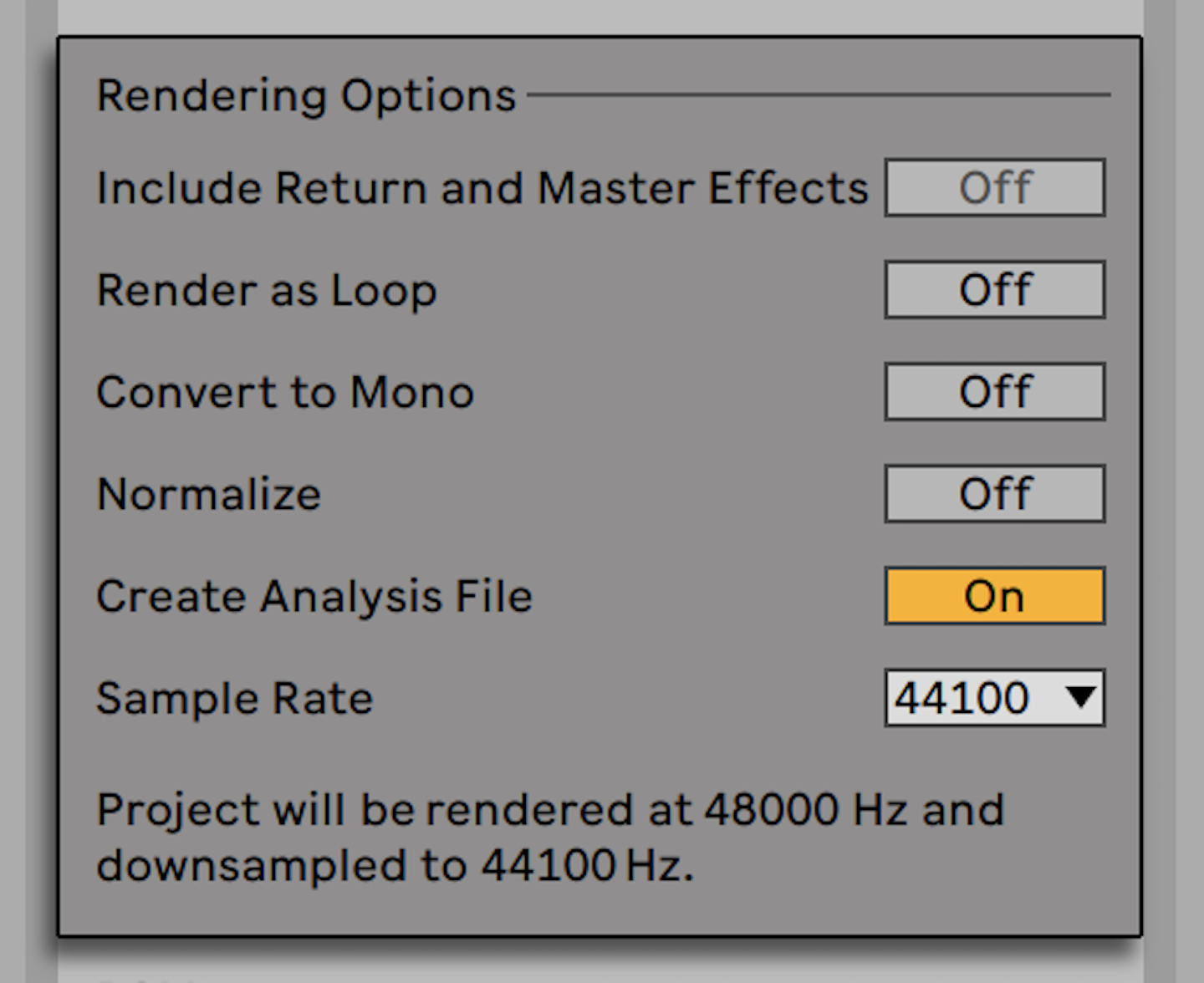 Ableton rendering options showing sample rate and loop controls