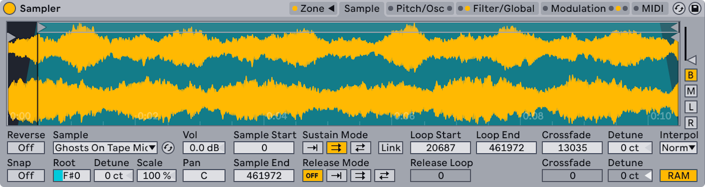 Ableton Sampler Sample tab with waveform, root key and loop controls