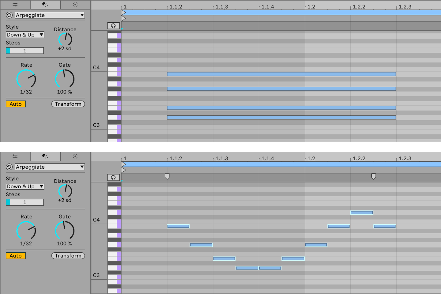 Ableton Live 12 Arpeggiate MIDI Tool showing before and after note patterns
