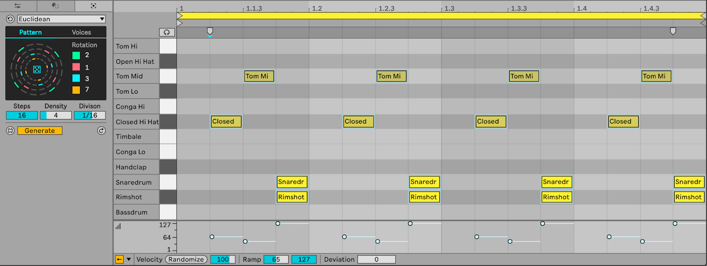 Ableton Live 12 MIDI Tools Euclidean generator interface with generated notes