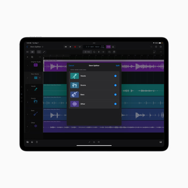Logic Pro Stem Splitter window showing separated audio parts and waveform