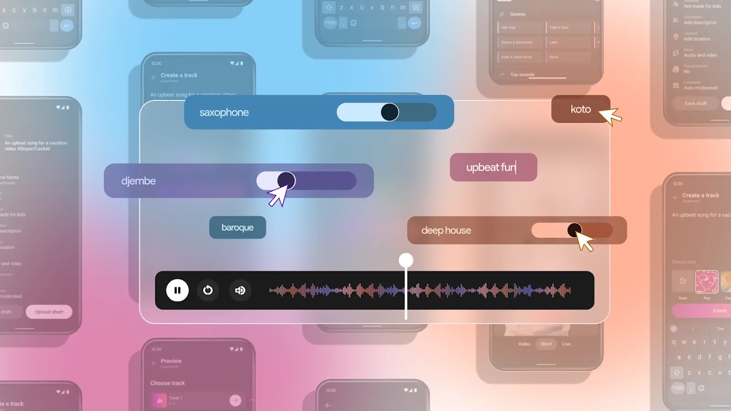 Google MusicFX DJ interactive music-generation controls shown across device screens